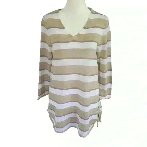 Chicos Lightweight Pullover V neck Sweater Size M Tan White Stripes Hip Ties - Picture 1 of 11